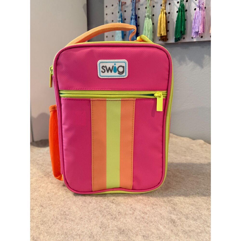 Swig Life Insulated Lunch Bag Hot Pink Neon Stripe Cooler Tote Travel Lunchbox